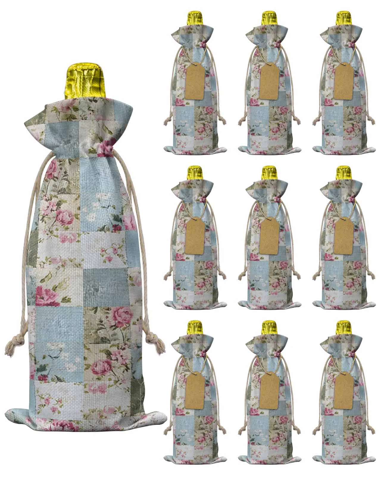 10pcs Floral Farmhouse Vintage Texture Blue And WhiteWine Bottle Bag with Drawstring Festive Party Decor Wine Bottle Covers Gift