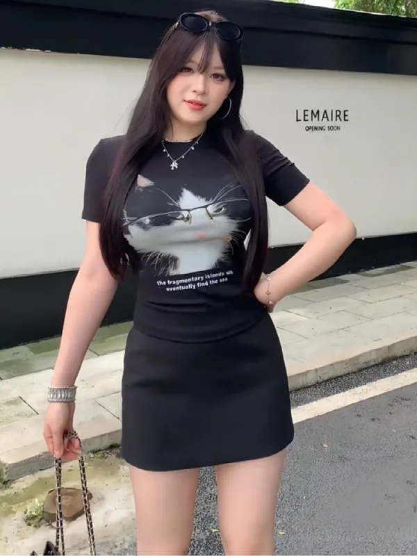 

Женский комплект больших размеров: топ в американском ретро-стиле и облегающая юбка, летний повседневный комплект с высокой талией А-силуэта