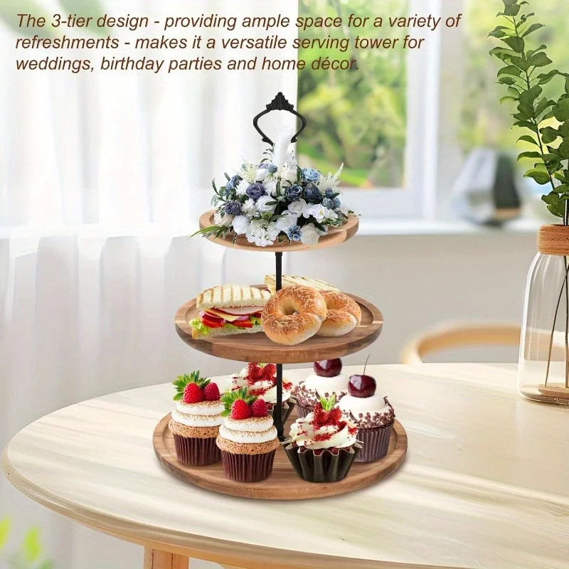 3Tier Cake Stand Acacia Wooden Cupcake Stand, Afternoon Tea Serving Plate, Can be Used as 3 Tier, 2 Tier & Single Tier Stand As Your Need, fit Wedding Birthday Graduation Afternoon Tea Party