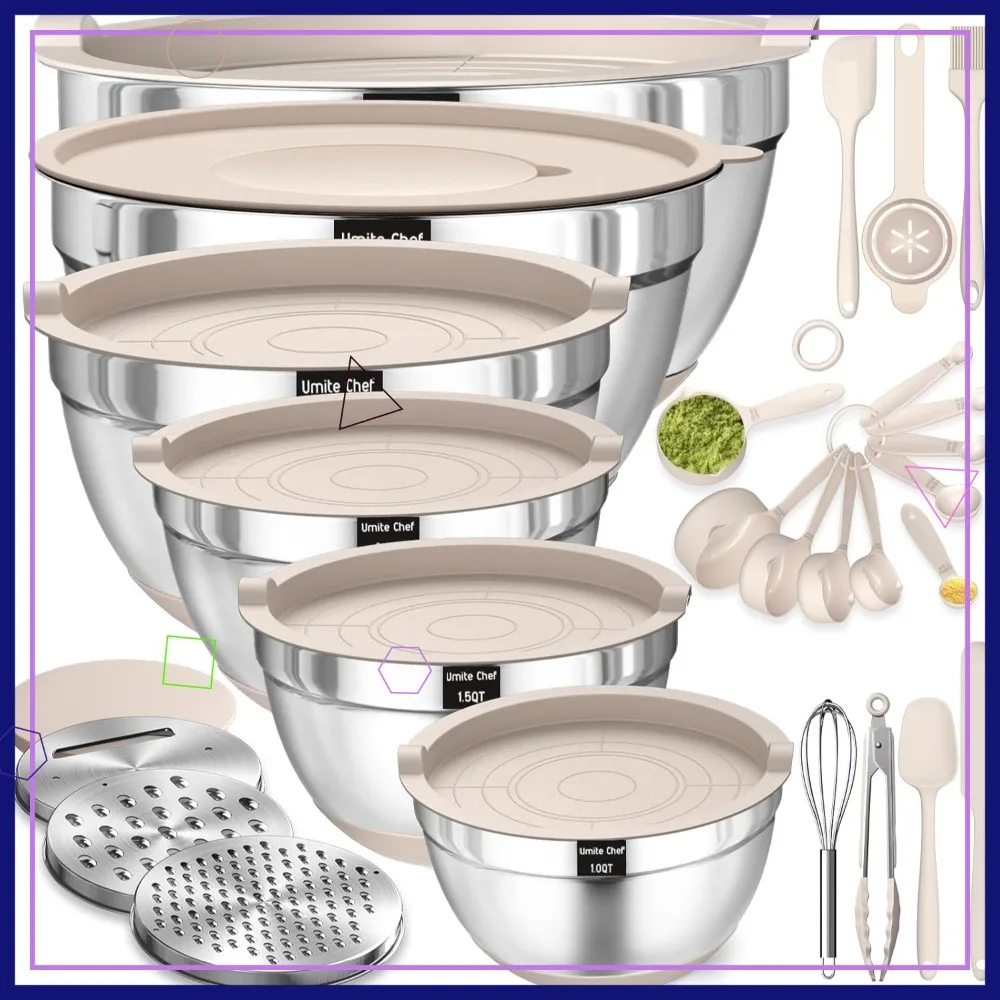

26PCS Stainless Steel Mixing Bowls Set with Airtight Lids, Grater Attachments & Non-Slip Bottoms, 7 Sizes for Kitchen Use