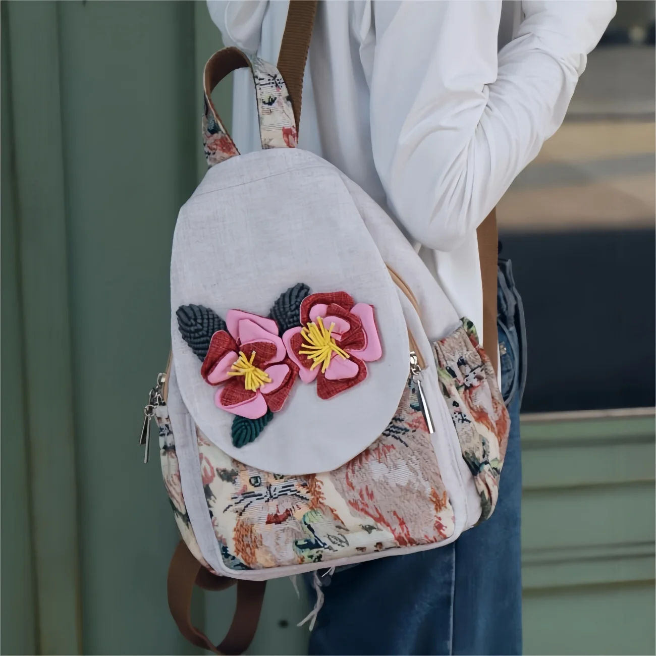 Hand woven flower multi layered canvas backpack, birthday gift for girlfriend