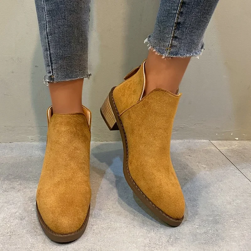 Botas romanas para mujer, botines aterciopelados, estilo británico, puntiagudos, con cremallera trasera, zapatos finos para trabajo de oficina, zapatos de tacón cuadrado para mujer, color caqui