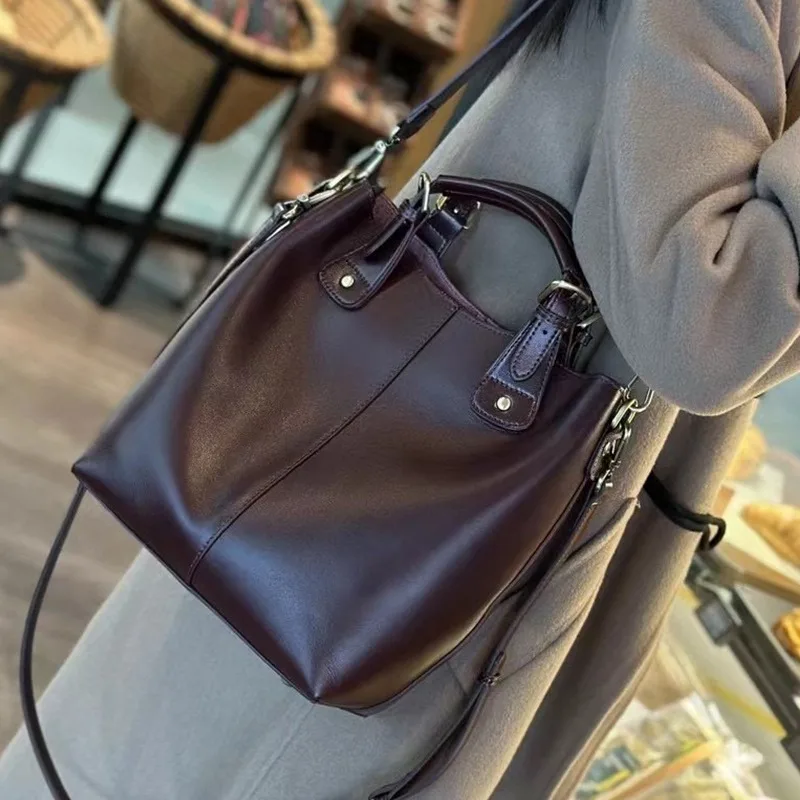 Zency 100% Genuine Leather Women Tote Bag Large Brown Handbag Retro Bucket Bag Classic Lady Crossbody Messenger Purse For Work