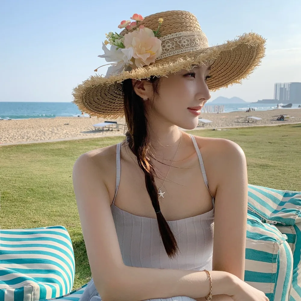 

Casual Tassel Edge Lace Flower Straw Hat Wide Brim Visor Weave Flat Cap French Style Boho UV Protection Cap Party