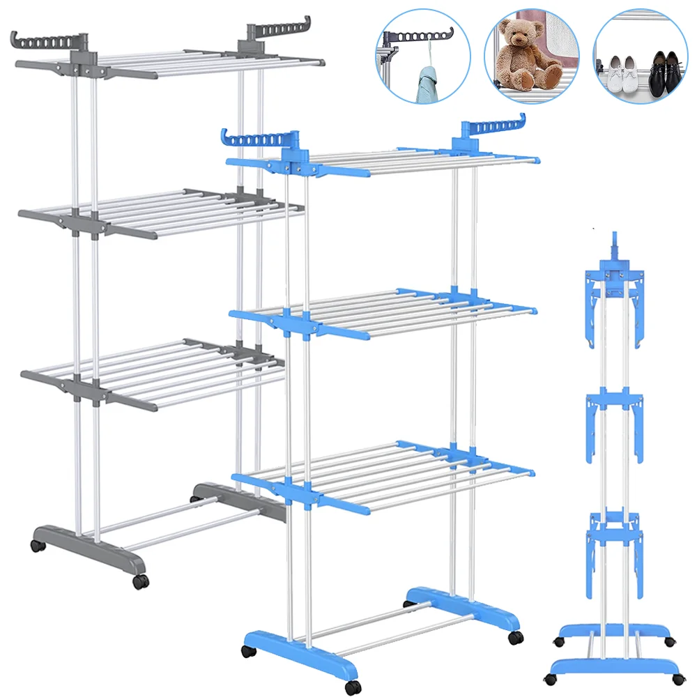 [EU Stock] Drying Rack Clothes Rack Storage Shelf Folding Rack Floor-Standing Coat Shelf Bedroom Hanging Rack