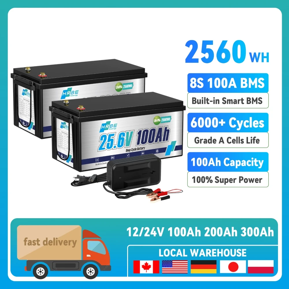 24V 100AH LiFePO4 Lithium Battery With BMS Rechargeable battery for Off Grid Solar Panel Kit Golf Cart, Camper/RV, Household