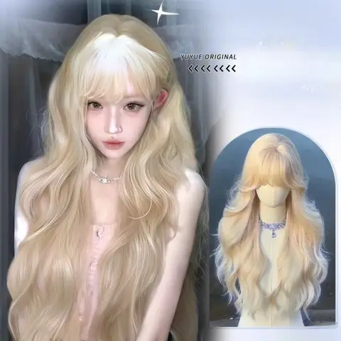 크림 화이트 고품질 합성 긴 곱슬 머리 가발 푹신한 빅 웨이브 깔끔한 앞머리 가발 숙녀 로리타 가발
