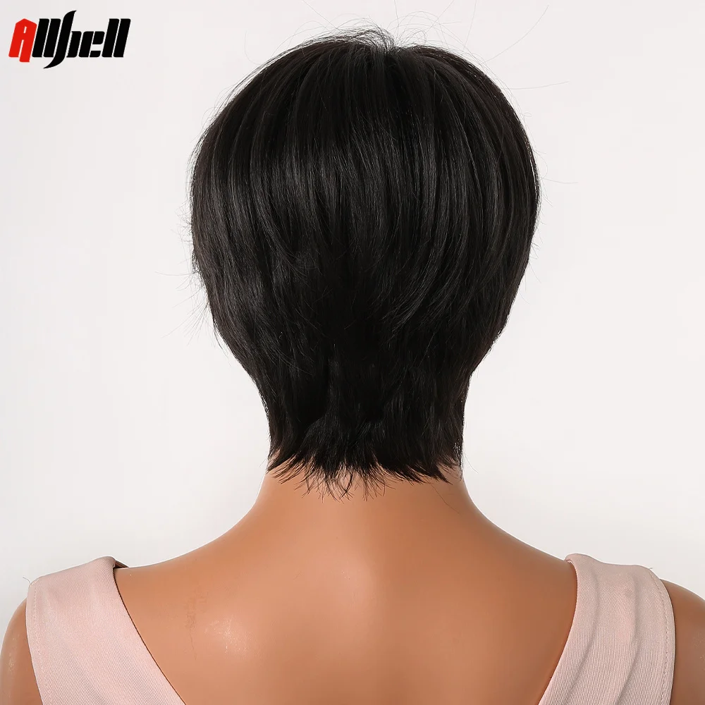 Wig Sintetis Hitam Bob Pendek dengan Poni Wig Wanita Potongan Pixie untuk Wanita Wig Afrika Rambut Pesta Sehari-hari Menggunakan Serat Tahan Panas