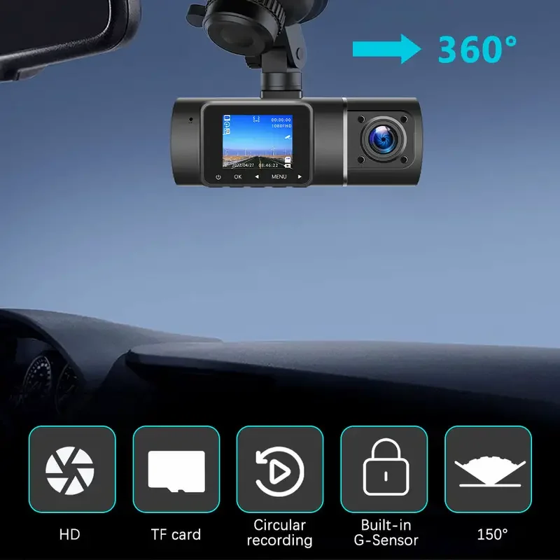 1pc 1080P Car DVR Camera Recorder, LCD Screen 150° Wide Angle Loop Recording Car Front Dual Recording Car Recorder J05 English 