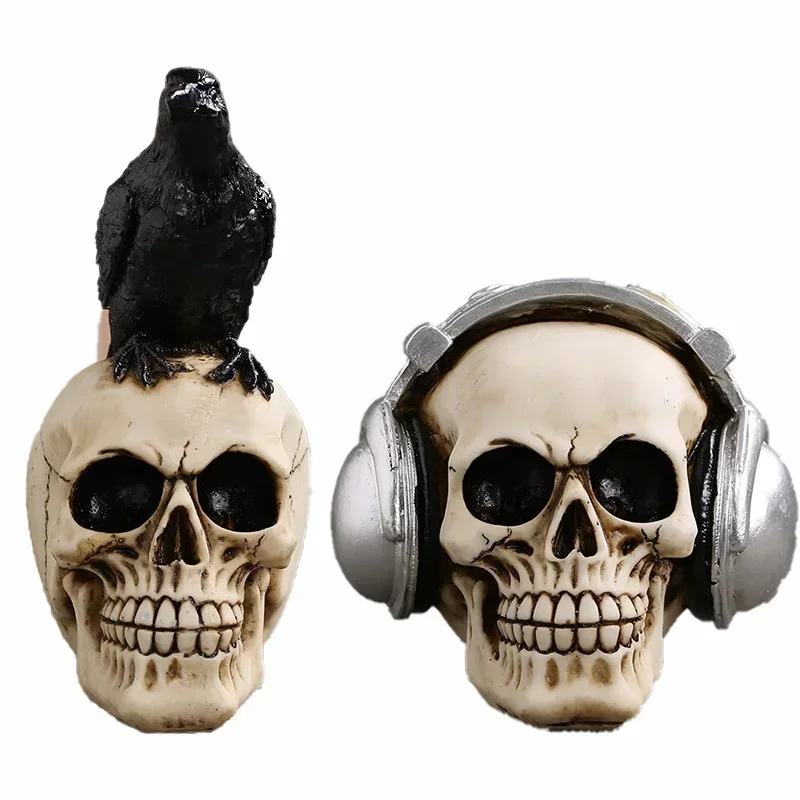 Resin Craft  Skull Head Statue  Halloween Party Decoration Skull Sculpture Creative Crow, headphone skull Home Decor Accessories