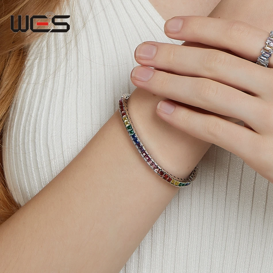 WES 925 Sterling Silver CZ Bracelet for Women Rainbow Cubic Zicron 2.5*2.5mm Elegant Fashion Engagement Gift Fine Jewelry