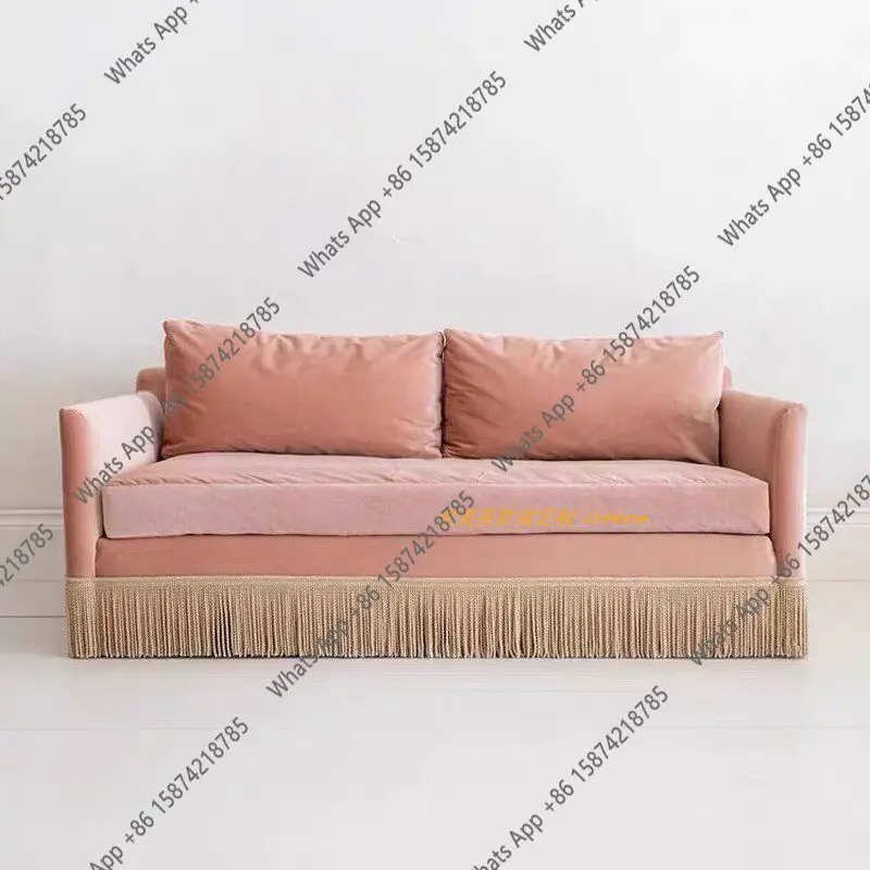 French retro lotus root pink fringed small apartment designer American personalized creative double three velvet simple sofa