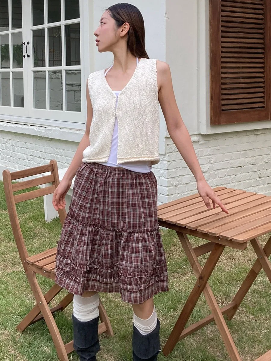 

Retro High Waist Plaid Skirt Women's Summer New College Sle Splicing Wood ain Skirts Commute Pattern Other Mate...