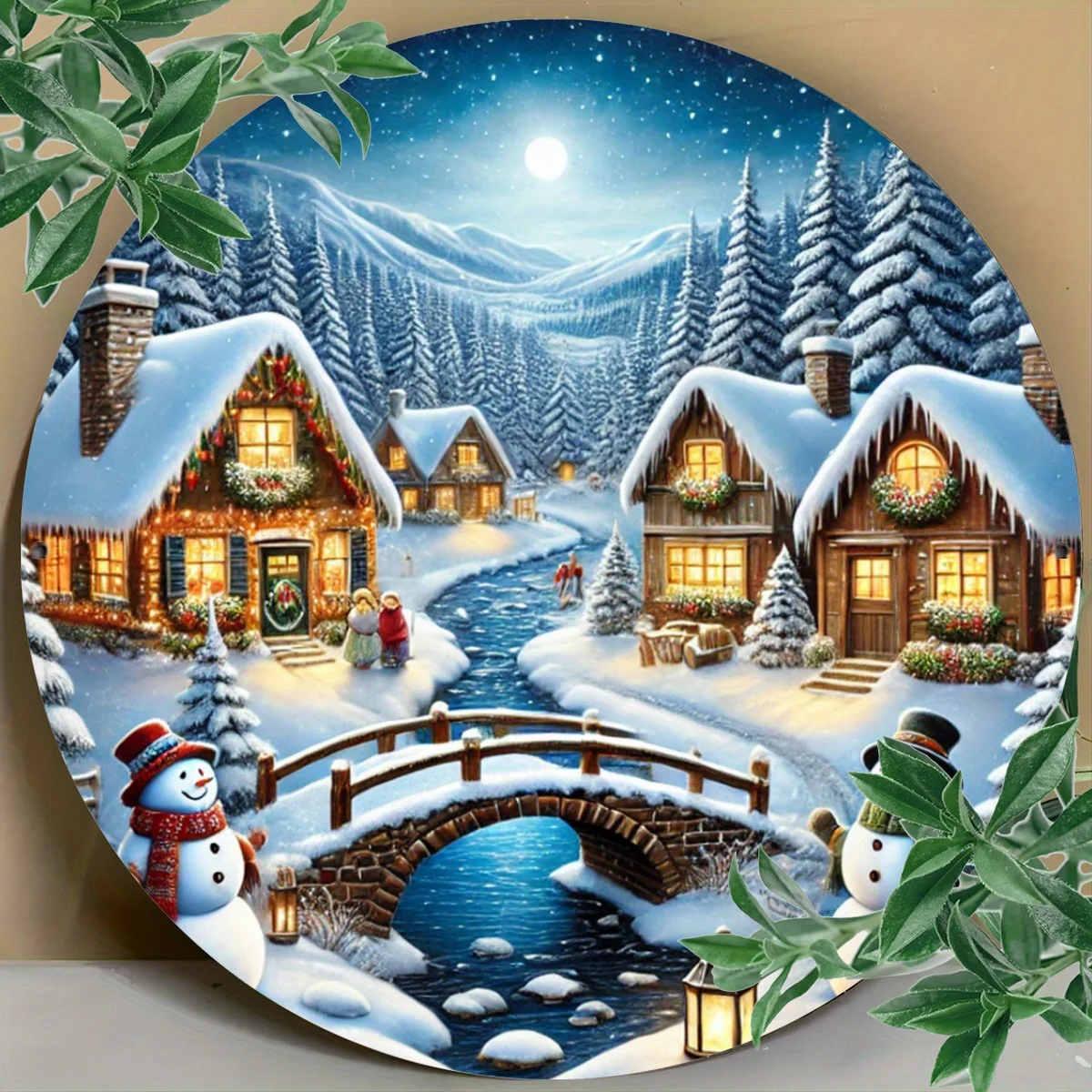 1 Stück Winter Village Night Scene Rundes Metallblechschild, 7,8 x 7,8 Zoll Eisen-Wandkunst, langlebige dekorative Plakette für den Innen- und Außenbereich mit