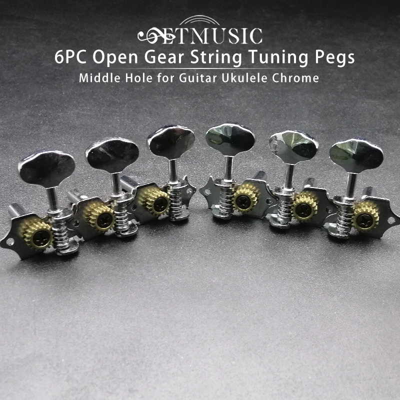 6PCS 18:1 Gear Ratio Vintage Open Gear String Tuners Tuning Pegs Middle Hole for Classic Guitar Chrome