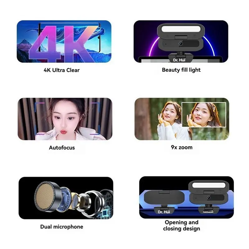 N36R-Live 4K 60FPS Webcam USB Autofocus Camera Rotatable Microphone For PC Fill Light Streaming For Laptop