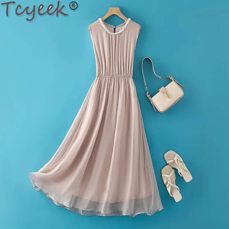 

Tcyeek 100% Mulberry Silk Dress Women Clothes Fashion Summer Dresses 2024 Chic and Elegant Woman Dress Sleeveless Vestido Mujer