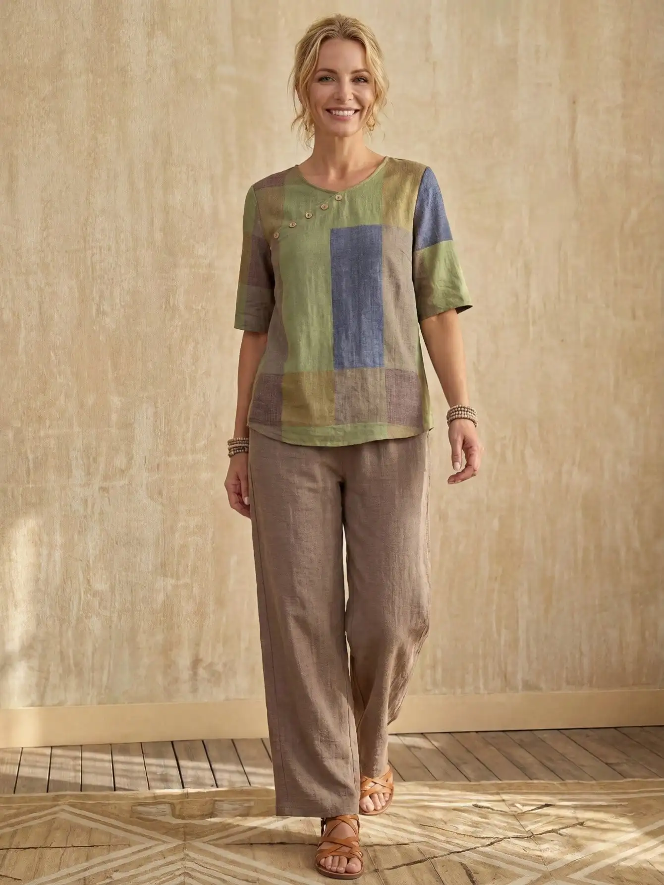 Women's Patchwork Colorblock Button-Front Top & Wide-Leg Pants Set