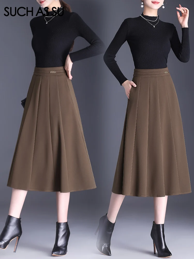 SUCH AS SU 2023 New Women\'s Pleated Skirt Sexy Big Hem S M L XL XXL XXXL Size Ladies Mid-Long Slim Black Brown Skirt Female 7305