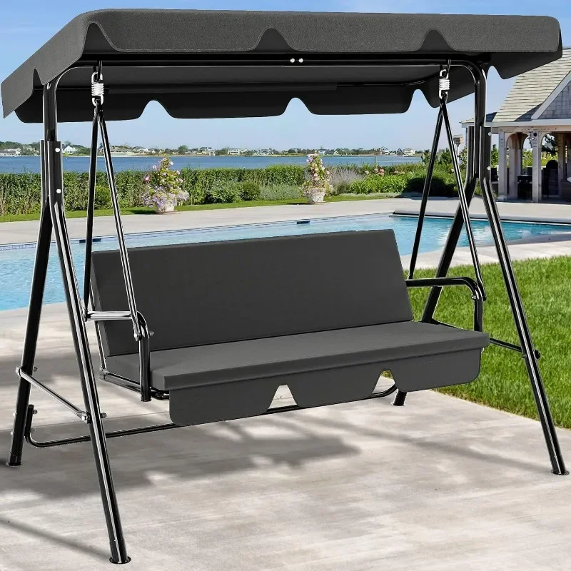 3-Seat Porch Swing Outdoor Heavy Duty Patio Swing Chair with Stand Adjustable Canopy Soft Cushion for Garden, Patio, Lawn