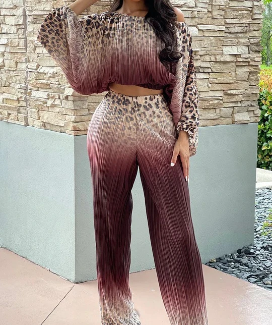 Autumn New Fashion Women's Printed Leopard Pattern Gradual Sexy Temperament Top and Pants Two Piece Set Casual and Elegant