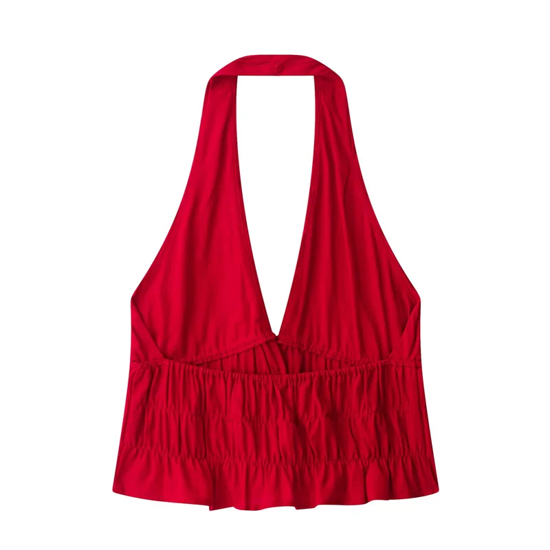 KEYANKETIAN 2026 Romantic Red Halter Blouse Ladies Deep V-Neck Ruched Drawstring Waist Bead Accent Sleeveless Summer Top Vest