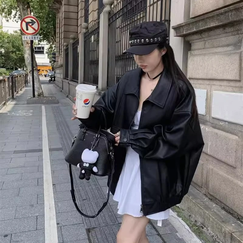 Automne 2024 femmes coupe ample décontracté Bla cuir Jaet Long Sve moto Jaet ort vêtements d'extérieur effet minceur