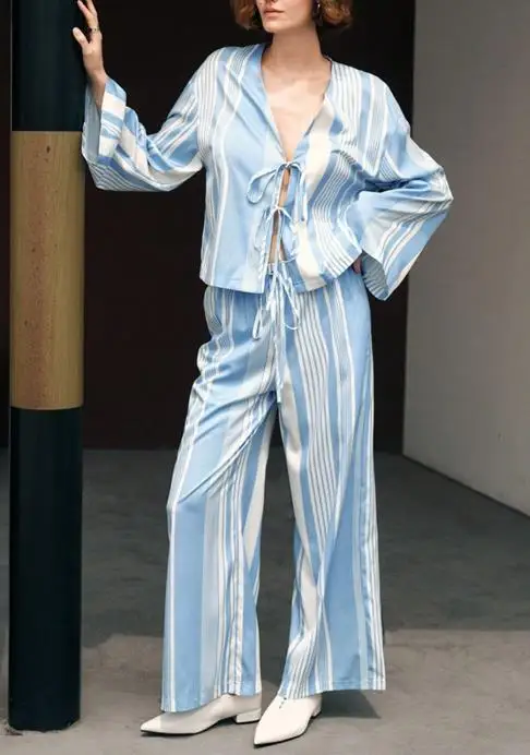

Two Piece Set Women Outfit 2025 Spring Autumn New Temperament Striped Long Sleeved Lace Up Shirt & Casual Straight Leg Pants Set