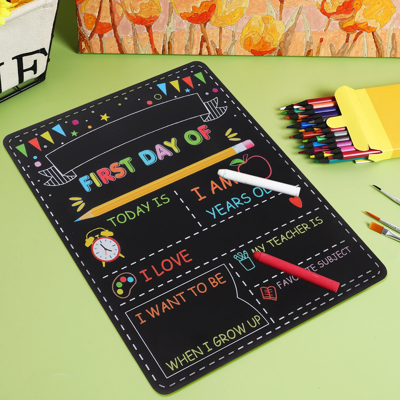 Doppelseitiges Kreidetafel-Schild aus Holz für den Schulanfang, erster Tag, Vorschule, -12, Schüler-Tafelwand für Kinder