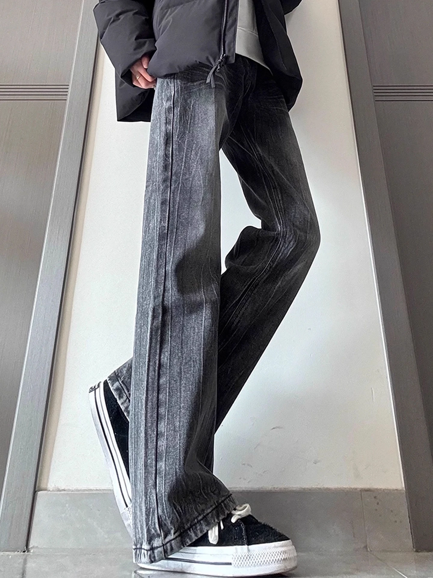 

American High Street Lightning Pattern Bell Bot Jeans Men's Autumn Winter Trendy Slim Fit Fce Warm Knife Straight Leg P...