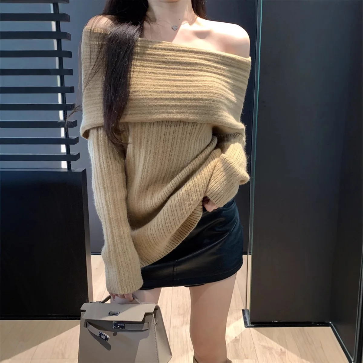 

Sweater For Women 2024 Autumn Winter New Lazy Style Inner Layer Base Off-Shoulder Knitted Top