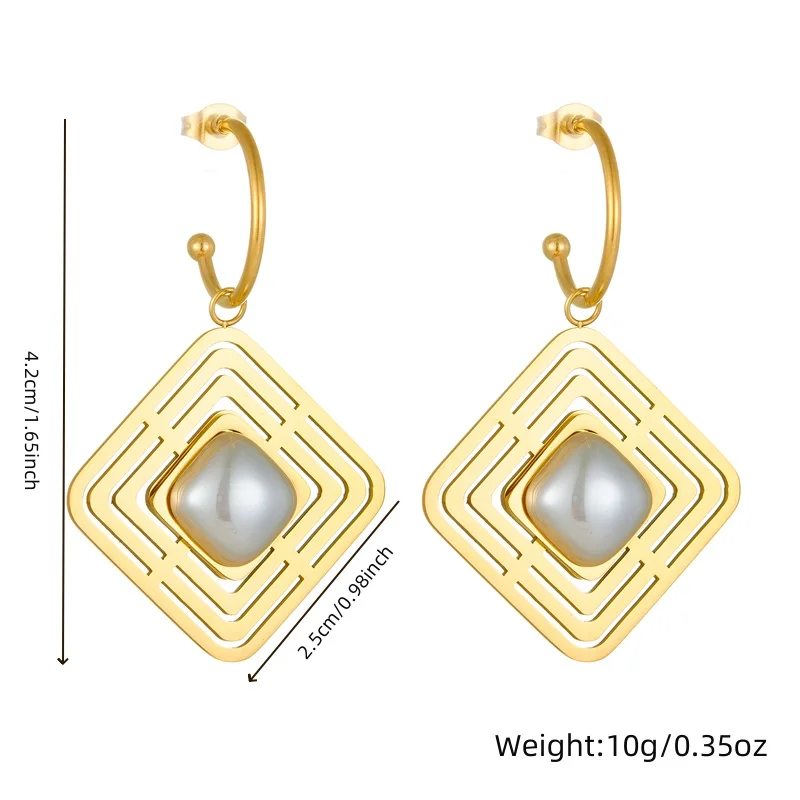 LAMENGLY High Quality 316l Stainless Steel square Maze Imitation Pearl Earrings Women Non-fading Ear Studs Trend Jewelry