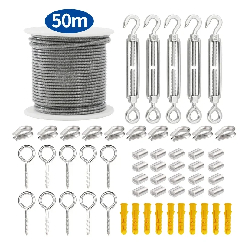 56PCS/Set 50 Meter Steel PVC Coated Flexible Wire Rope Soft Cable Transparent Stainless Steel Clothesline Diameter 2mm Kit