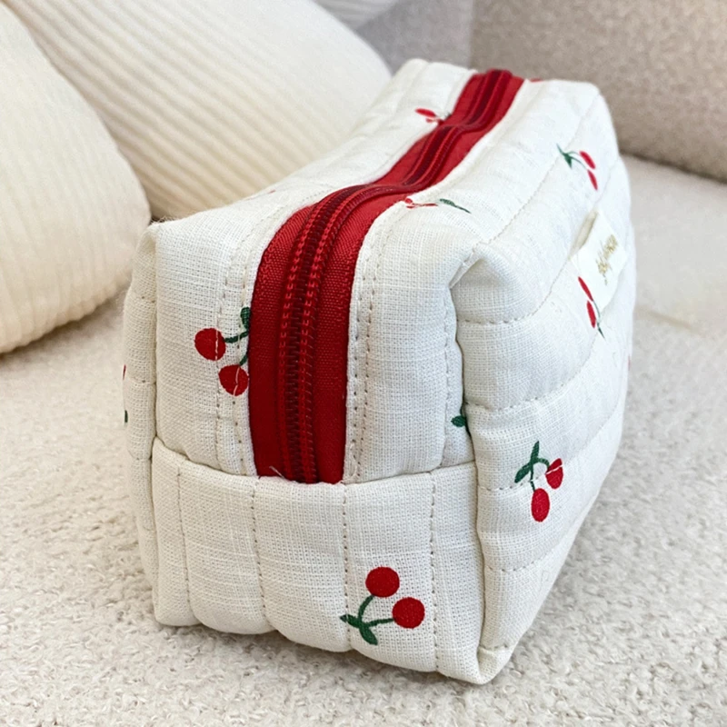 Women Cosmetic Bag White Cherry Embroidery Pattern Baby Diaper Bags New Korean Version Female Makeup Bags Storage Handbag