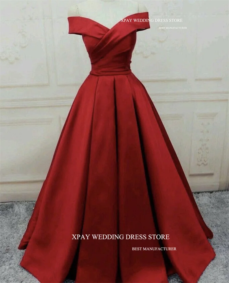 XPAY Off the Shoulder Burgunday Satin Long Prom Dresses Side Split Floor Length Evening gowwns Wedding Party Dress Plus Size