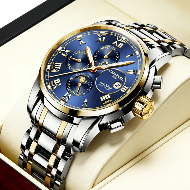 CARNIVAL Top Brand Luxury Date Moon Phase Automatic Mechanical Watches Men Full Steel Sport Waterproof Watch Reloj Hombre