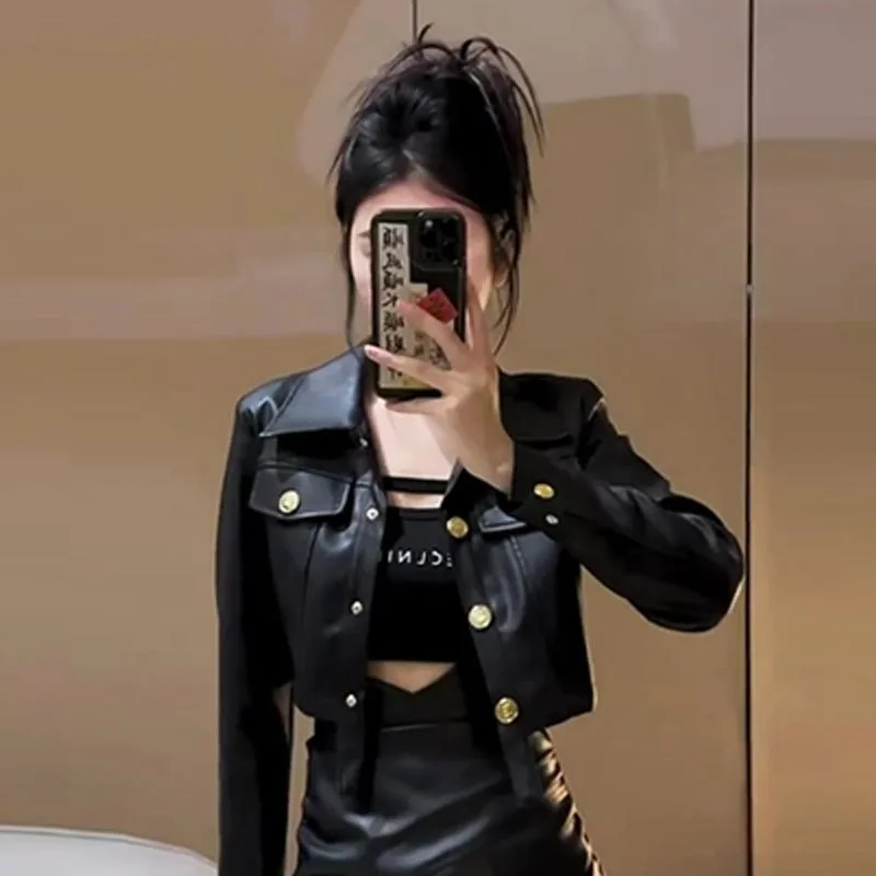 new autumn PU leather jacket short two-piece set women featuring motorcycle jacket high-waisted hip half-length leather skirt