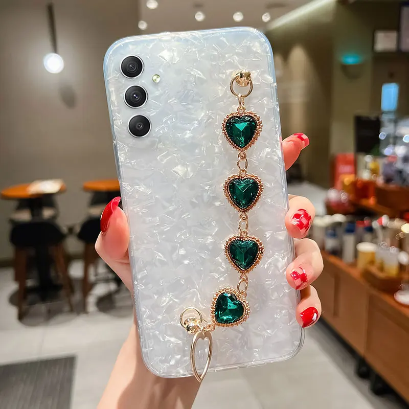 Luxury Diamond Bracelet Chain Phone Case For Samsung galaxy A54 5G A34 A14 Case Glitter Heart On galaxyA54 A 54 Strap Cover Capa