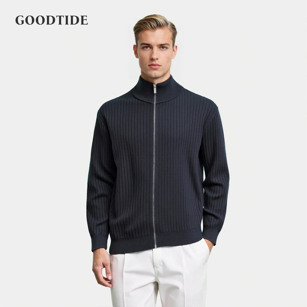 Fashion Men's Stand Collar Cardigan Knitted Sweater Autumn New Retro Zipper Vertical Stripe Long Sleeve Top Coat Men's Jacket