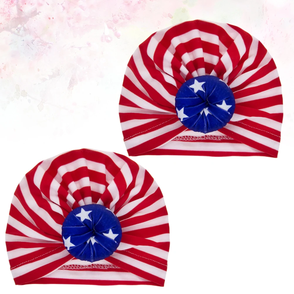 

2 pcs Baby Cotton Knitting Hats American Flag Print Elastic Warm For Newborn Kids Toddlers Red Celebrate Hat Set Baby