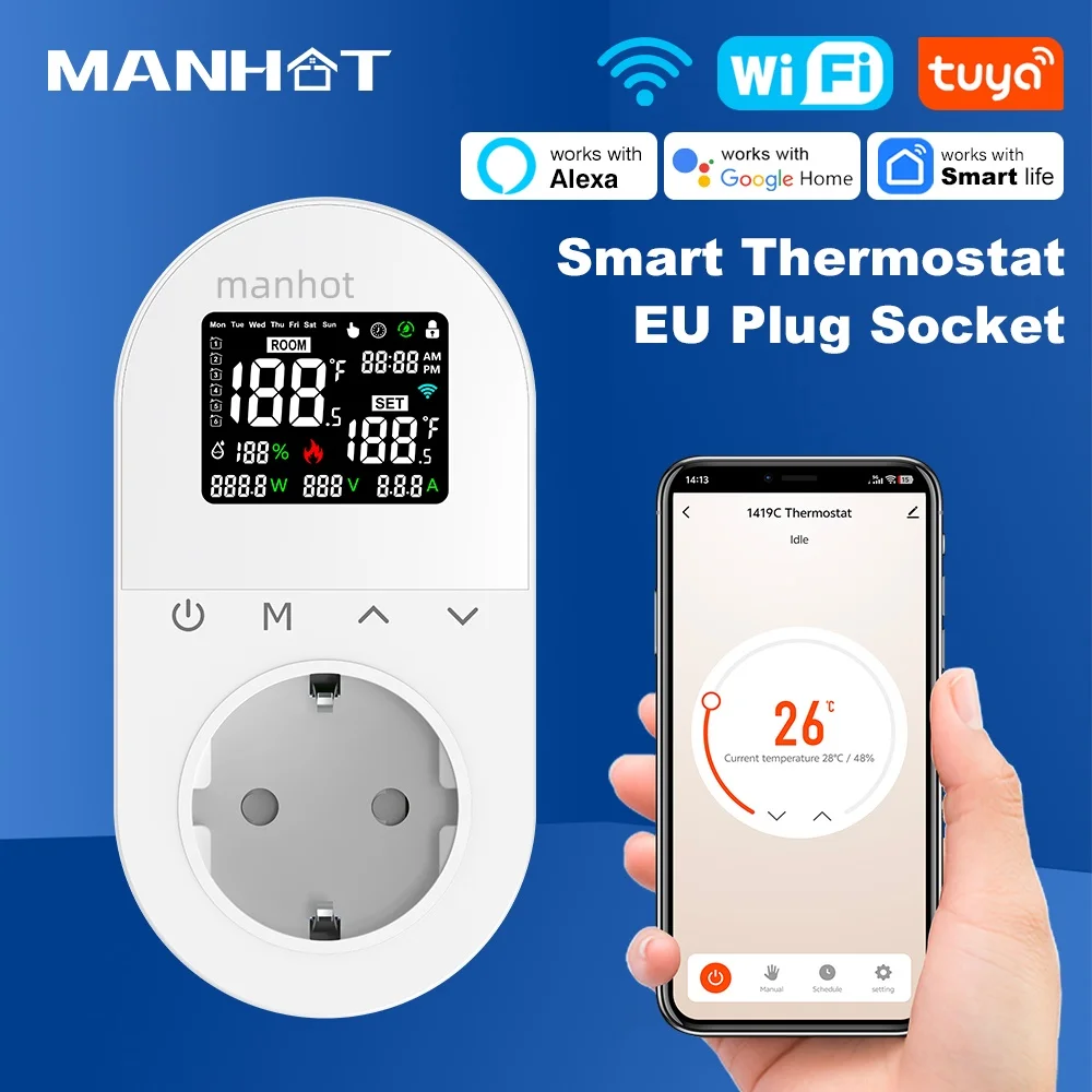 Manhot Tuya WiFi المنزل الذكي ترموستات المقبس 16A منفذ الاتحاد الأوروبي التوصيل App التحكم الصوتي المقبس متحكم في درجة الحرارة التدفئة التبريد