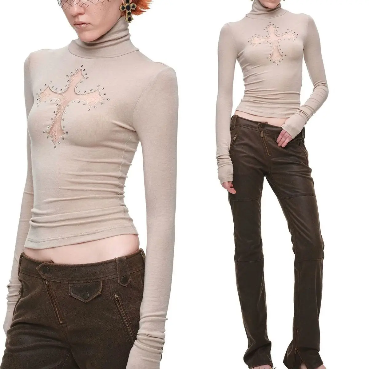 Kimotimo American Style Cross Lace Applique Rhinestone High Neck Knit Top Women Slim Fit Long Sleeve Base Layer Autumn