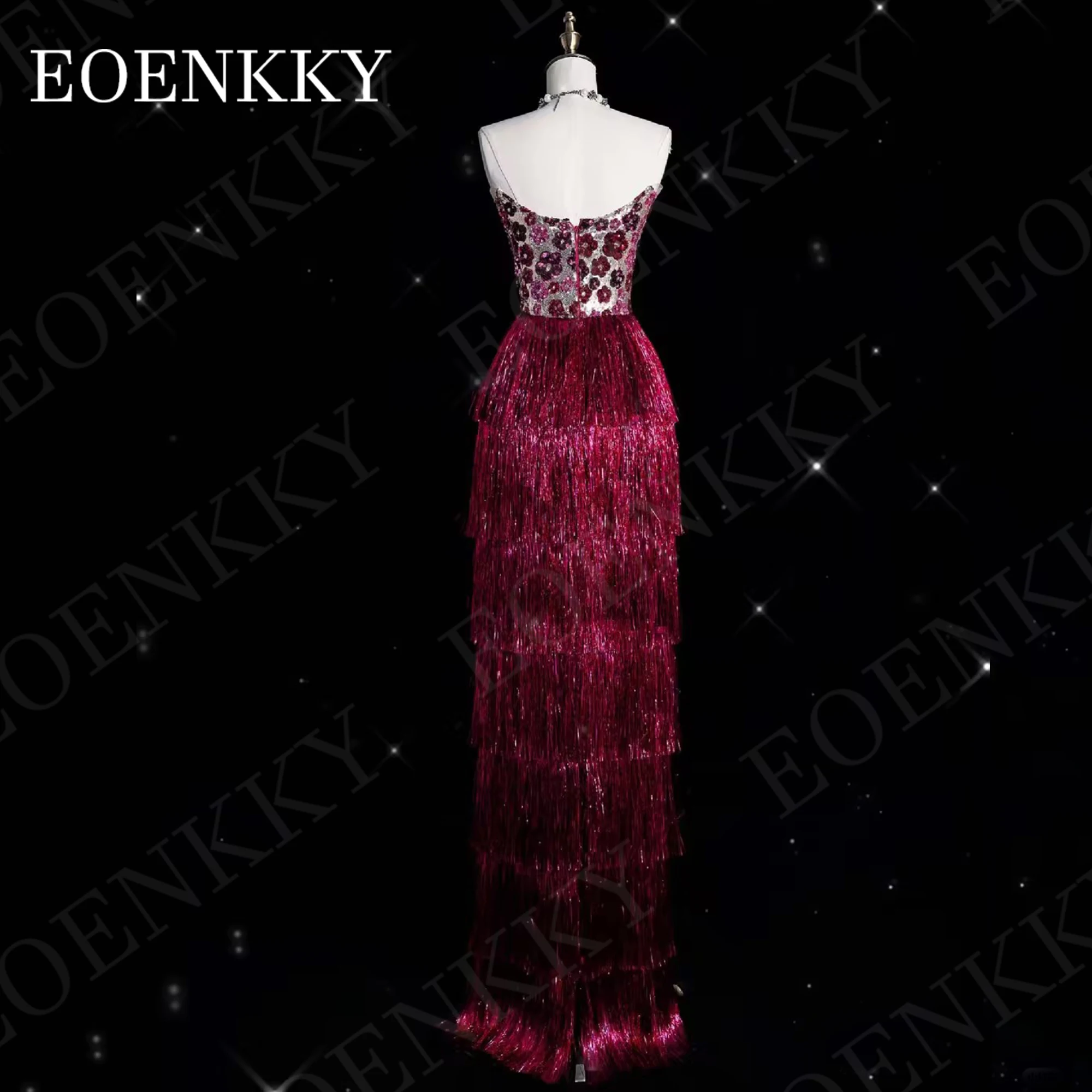 EOENKKY Mermaid Evening Dresses Woman Luxury Dubai Tiered Tassels Sleeveless Pageant Dress Strapless Sequined Flowers Fuchsia