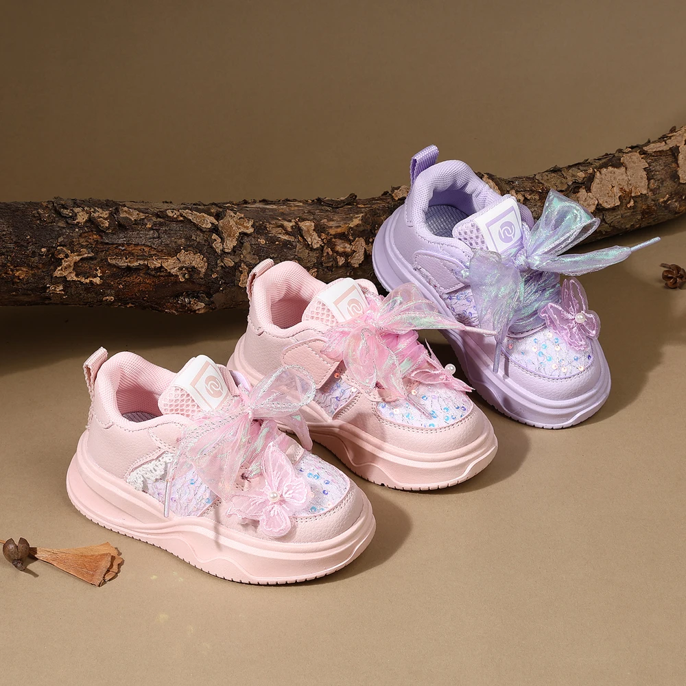 2025 New Spring Children Shoes For Girls Leather Cute Butterfly Lace Kids Outdoor Tennis Soft Sole Fashion Kids Sneakers