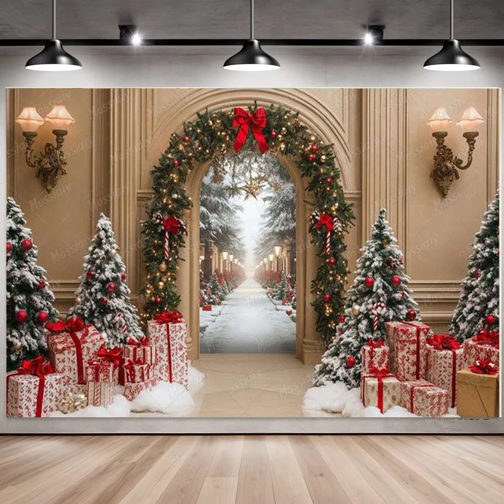 Winter-Weihnachtsparty-Hintergründe Schneestadt-Torbogen Weihnachtsbaum Geschenk Lollipop-Dekor Kinder-Foto-Fotografie-Hintergrund Photocall