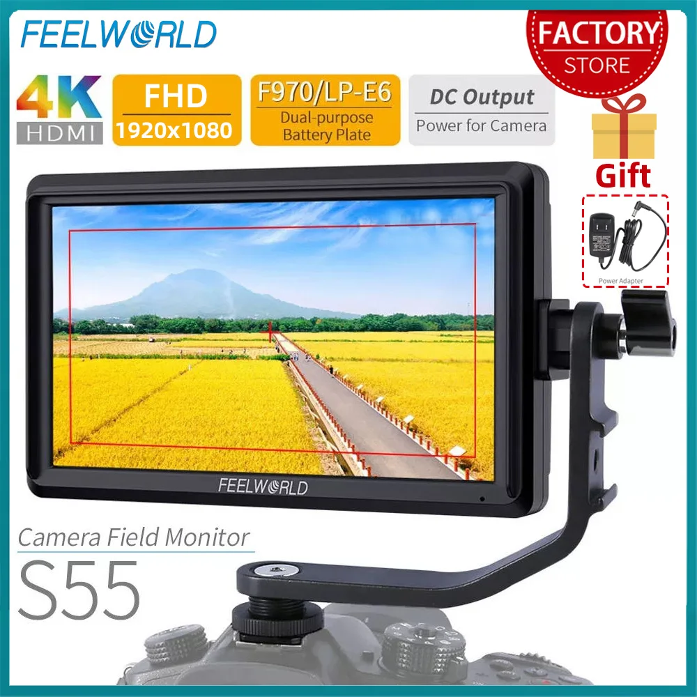 จอภาพ FEELWORLD S55 ขนาด 6 นิ้ว สำหรับกล้อง DSLR พร้อมระบบช่วยโฟกัส ความละเอียดสูงแบบ HD 1920x1080 หน้าจอ IPS รองรับการเชื่อมต่อ HDMI 4K พร้อมพอร์ตจ่ายไฟ 8.4V DC และแขนปรับเอียงได้