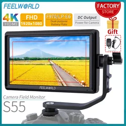 FEELWORLD S55 5.5 Inch DSLR Camera Field Monitor Focus Assist Small HD 1280x720 IPS with 4K HDMI 8.4V DC Out Tilt Arm