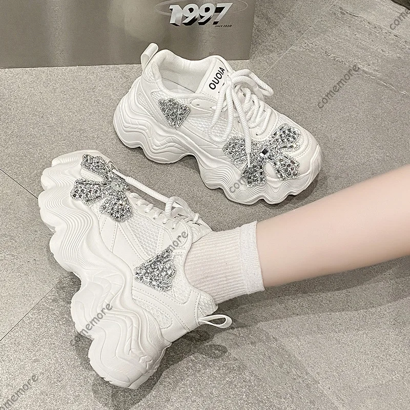 Rhinestone Bow Chunky Platform Sneakers Woman White Mesh Breathable Lace-Up Shoes Bling Crystal Casual Thick Sole Elevator Shoes