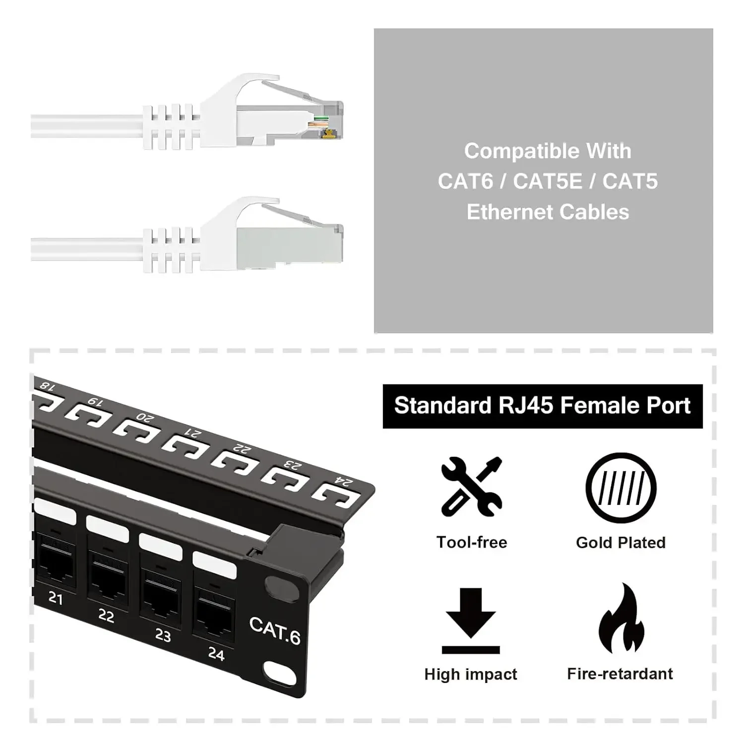 ZoeRax Pannello patch di rete schermato a 24 porte con accoppiatore FTP RJ45 Cat6 femmina-femmina 1u Keystone in linea da 19 pollici