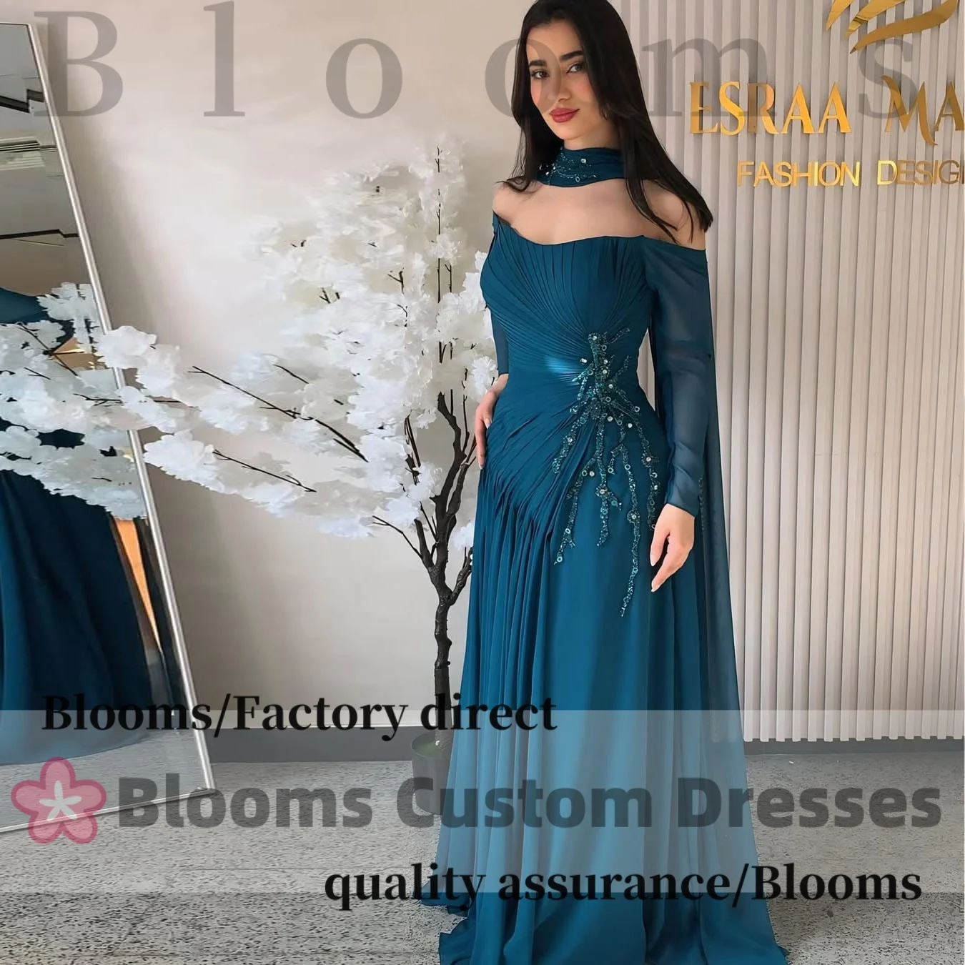 

Blooms Customized Beadings Evening Dresses Chiffon Pleated Elegant Women Formal Occasion Party Dress For Prom cloak
